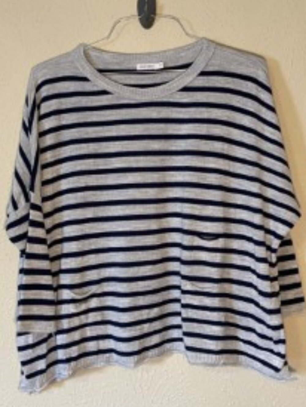 Mersea Grey and Navy Striped, Dolman Sleeve Tee, Size Petite
